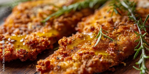 A close-up of breaded schnitzel seasoned with fresh herbs, an iconic dish of the Austrian cuisine served usually with lemon photo