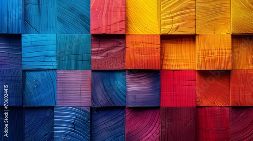 Dynamic abstract wood texture mosaic backdrop with vibrant colorful veneer tiles photo