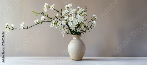 A white vase with white flowers in it sits on a table