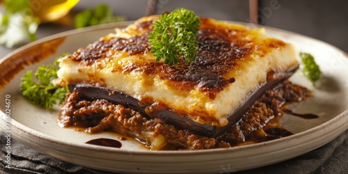 Savory eggplant lasagna with multiple cheese layers, baked to a golden-brown perfection and garnished with parsley