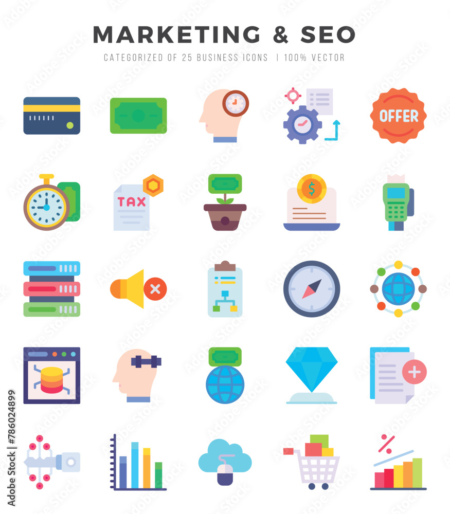 Collection of Marketing & Seo 25 Flat Icons Pack.