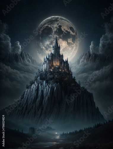 Fantasy landscape with fantasy castle and full moon.