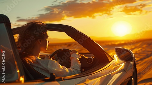 Cute young woman portrait driving at sunset alone car.