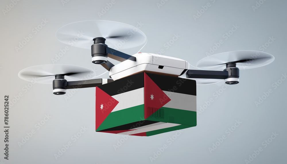 Aerial view of drone delivery. A UAV transporting a box with the Jordan flag, representing the cutting-edge technology in logistics.