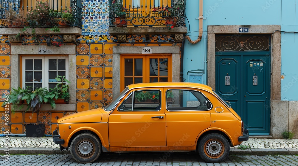 A highquality image of a taxi parked in a picturesque street of Porto, with traditional Portuguese tiles in the background