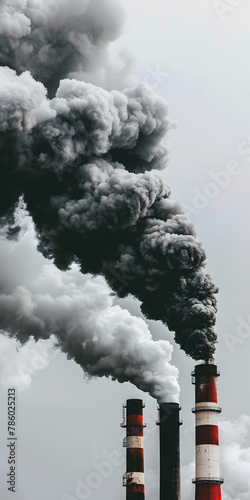 Chaminés industriais emitindo poluição com céu cinzento encoberto photo