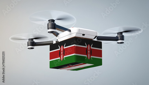 Aerial view of drone delivery. A UAV transporting a box with the Kenya flag, representing the cutting-edge technology in logistics.