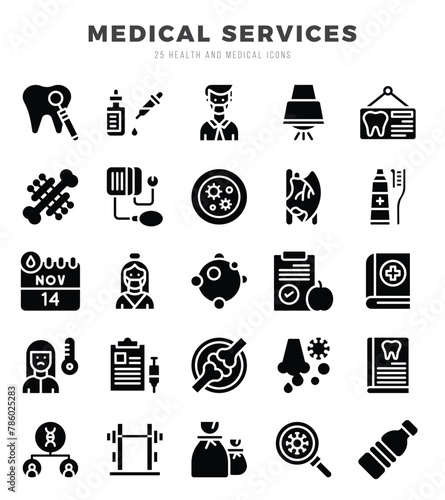 MEDICAL SERVICES Icons Pack. Glyph icons set. Glyph icon collection set. Simple vector icons.