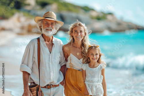 ビーチで笑顔のおじいちゃんと娘と孫娘 #786025464