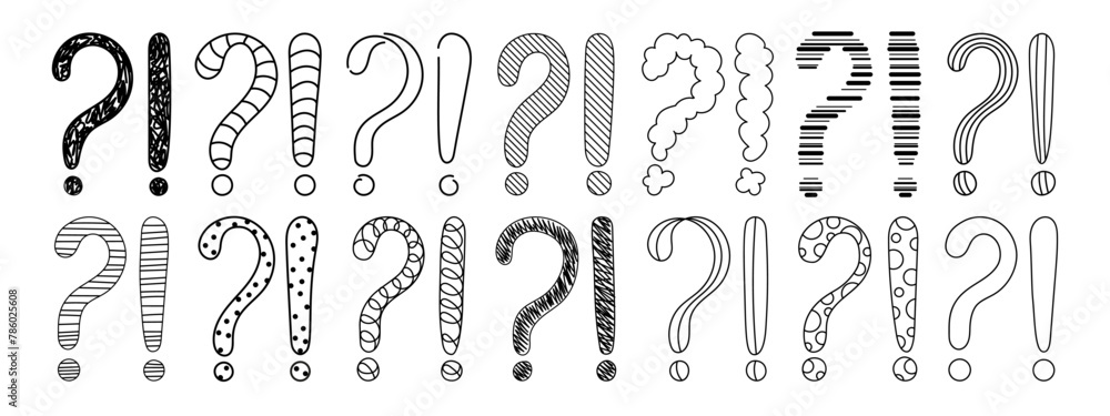 Doodle question and exclamation marks hand drawn sketch vector illustration set. Collection of various exclamation and question attention, asking, doubt and warning punctuation freehand scribbles. Doodle question and exclamation marks hand drawn sketch vector illustration set. Collection of various exclamation and question attention, asking, doubt and warning punctuation freehand scribbles.