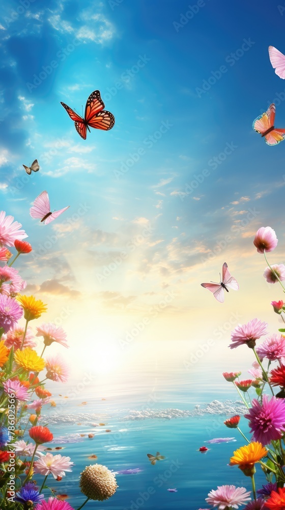A beautiful butterfly garden with a blue sky and a body of water A beautiful butterfly garden with a blue sky and a body of water