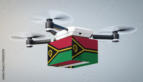 Aerial view of drone delivery. A UAV transporting a box with the Vanuatu flag, representing the cutting-edge technology in logistics.