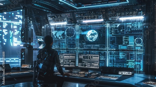 A person interacts with a futuristic holographic interface filled with data analytics in a high-tech control room.