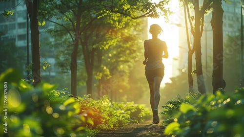 A highquality image of an Asian woman jogging in an urban park early in the morning, her active lifestyle evident