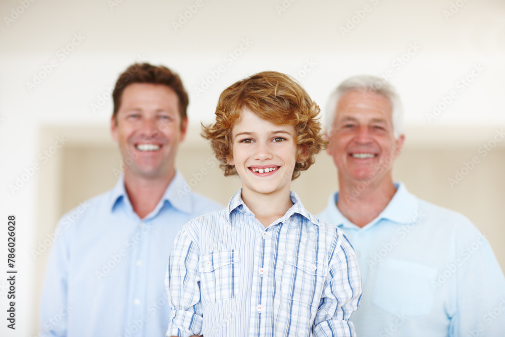 Men, portrait and smile for family in home, support and happy for together generations in lounge. Male person, care and dad or grandpa in childhood, trust and love in bonding or security in house Men, portrait and smile for family in home, support and happy for together generations in lounge. Male person, care and dad or grandpa in childhood, trust and love in bonding or security in house