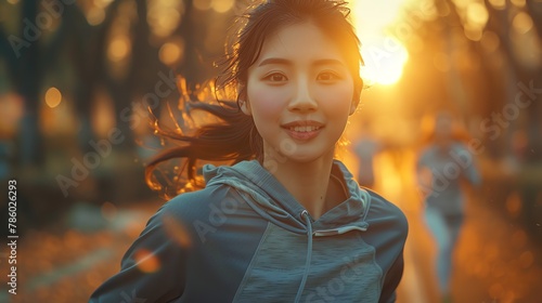 A highquality image of an Asian woman jogging in an urban park early in the morning, her active lifestyle evident photo