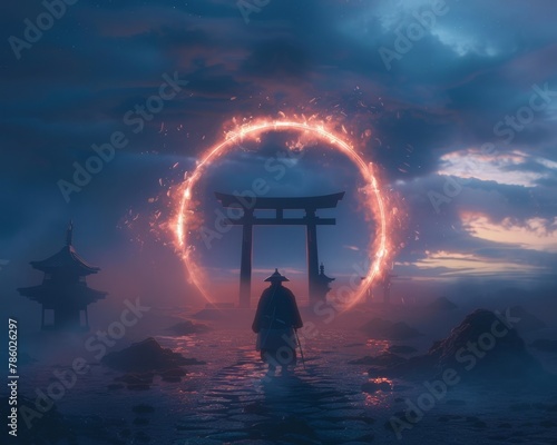 A samurai stands in a field of tall grass as a fiery portal opens in the sky.
