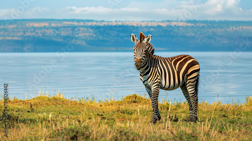 Grevys Zebra standing on a grass at Lake  photo