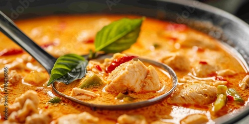 Close-up of tantalizing Thai Curry with tender chicken slices amidst a spicy coconut milk-based stew