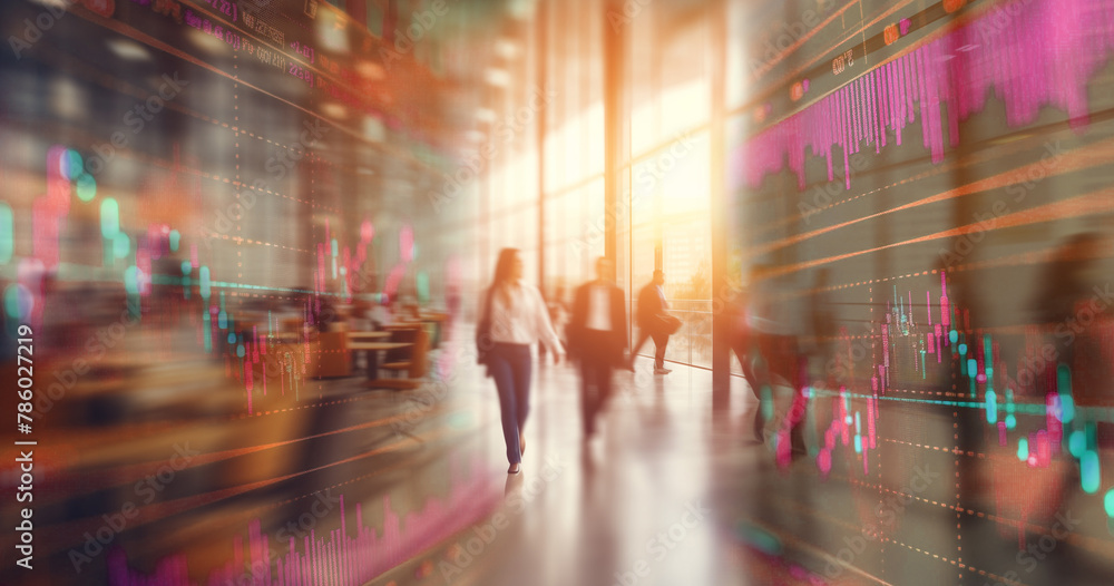 Business office with blurred people casual wear, with blurred bo