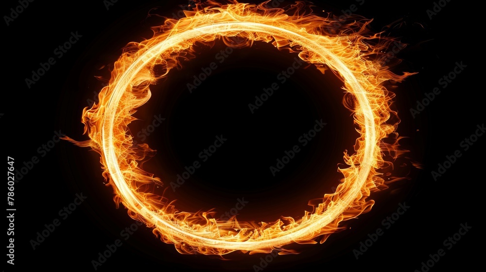 Fiery circle frame with circular flames in a burning fire shape on isolated black background Fiery circle frame with circular flames in a burning fire shape on isolated black background
