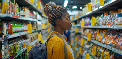 Young woman contemplating in grocery store aisle