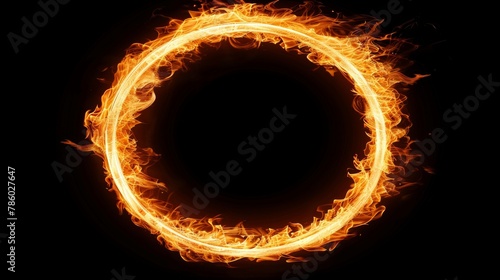 Fiery circle frame with circular flames in a burning fire shape on isolated black background