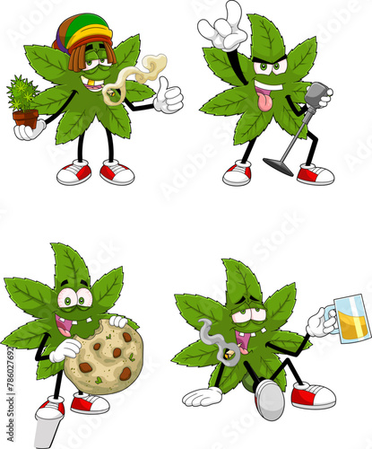 Marijuana Leaf Cartoon Characters. Vector Flat Design Collection Set Isolated On Transparent Background