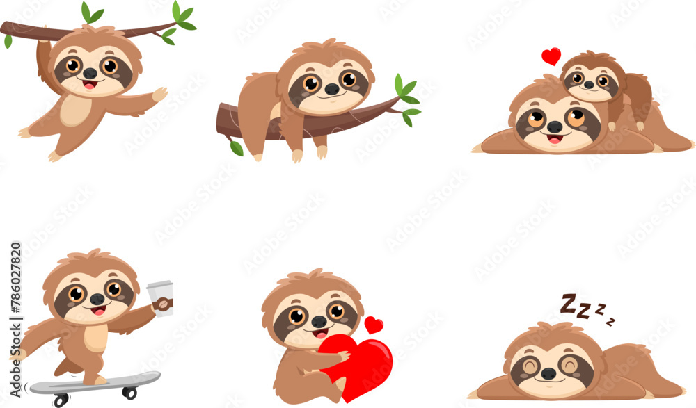 Fototapeta premium Cute Sloth Cartoon Characters. Vector Flat Design Collection Set Isolated On Transparent Background