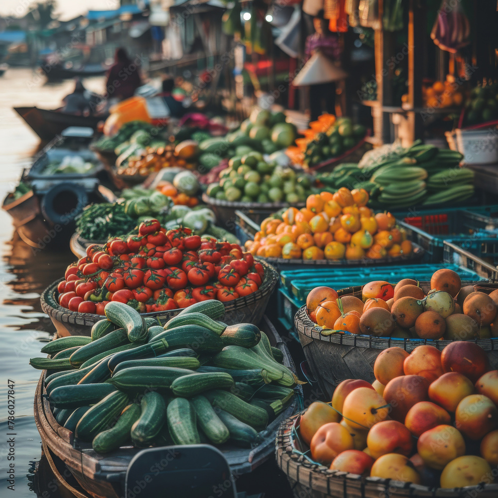 authentic photos of the floating fruit and vegetable market in Vietnam. agriculture industry harvest in Asia. small local business, farmer's market outdoor. floating market on river.