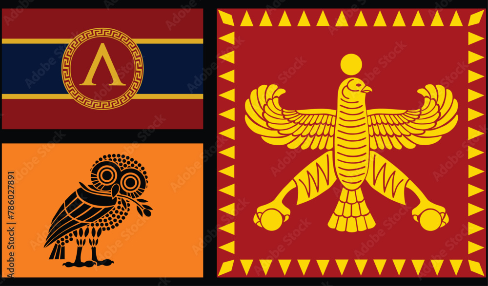 Athens and Sparta flags against Persian Empire flag. Ancient symbol ...