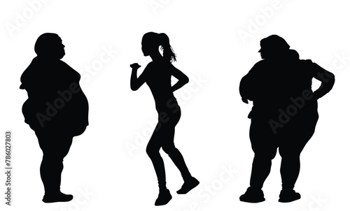 Fat friends woman and fitness girl instructor vector silhouette illustration isolated. Big belly overweight female. Fit lady dancer teach big girls exercise how to losing weight activity. Health care.