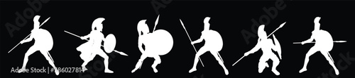 Greek hero ancient soldier Achilles with spear and shield in battle vector silhouette illustration isolated on background. Roman legionary, brave warrior in combat. Gladiator symbol shape. photo