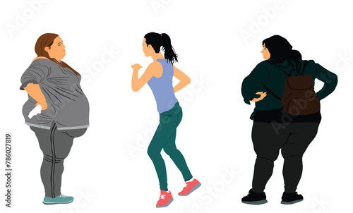 Fat friends woman and handsome fitness girl instructor vector illustration isolated. Big belly overweight female. Fit lady dancer teach big girl exercise how to losing weight activity. Health care.