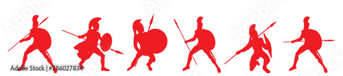 Greek hero ancient soldier Achilles with spear and shield in battle vector silhouette illustration isolated on background. Roman legionary, brave warrior in combat. Gladiator symbol shape.