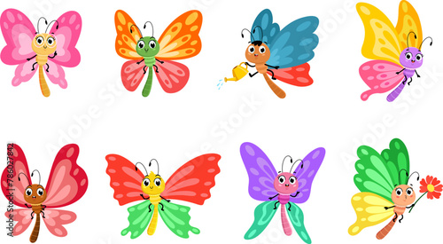 Cute Butterfly Cartoon Characters. Vector Flat Design Collection Set Isolated On Transparent Background © HitToon.com