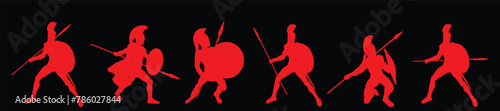Greek hero ancient soldier Achilles with spear and shield in battle vector silhouette illustration isolated on background. Roman legionary, brave warrior in combat. Gladiator symbol shape.