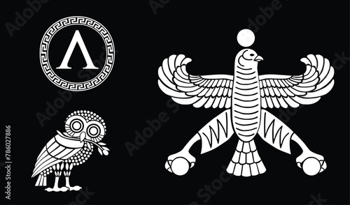 Athens and Sparta flags against Persian Empire flag. Ancient symbol Sparta, Athens polis vector illustration. City state in ancient Greece. Brave warriors from antique Greek Persian war. Athens flag. photo