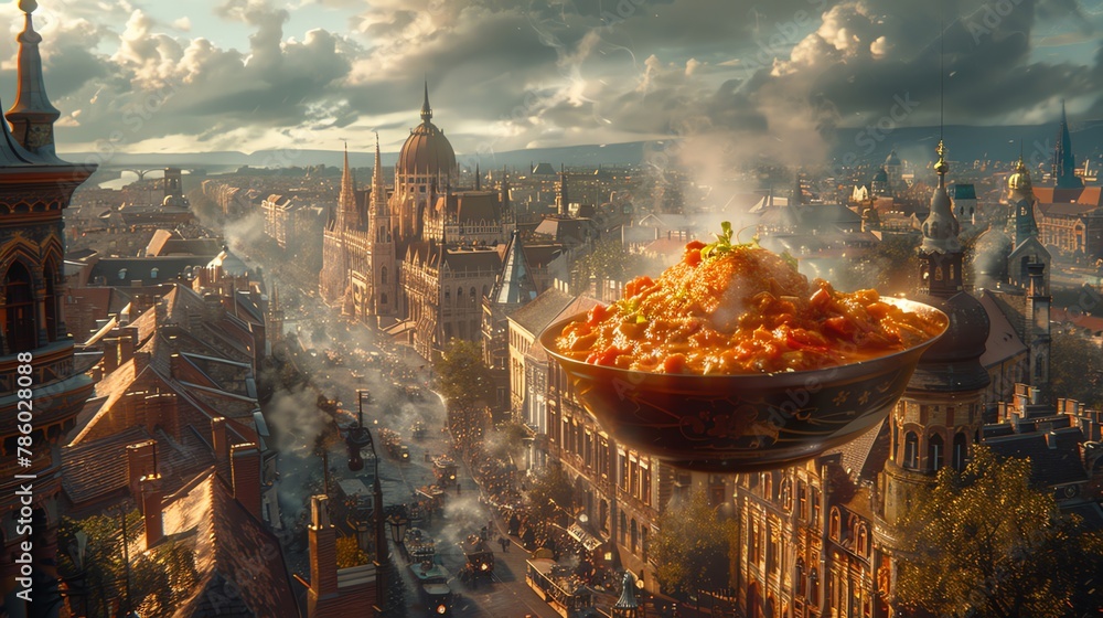 Obraz premium A Hungarian goulash, magically suspended in the air, with a historic Budapest street scene backdrop