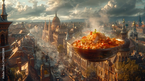 A Hungarian goulash, magically suspended in the air, with a historic Budapest street scene backdrop photo
