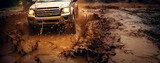Off-road vehicle on muddy road with mud splashes, close-up, panoramic image. Generative Ai
