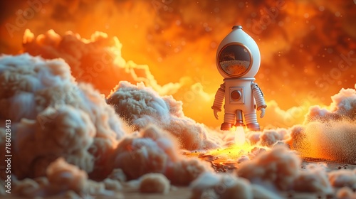 3D cartoon startup founder with rocket symbolizing growth, vibrant orange background