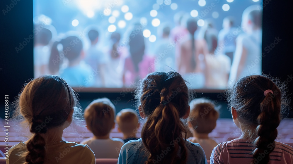 Children attentively watch a movie in the cinema, rear view