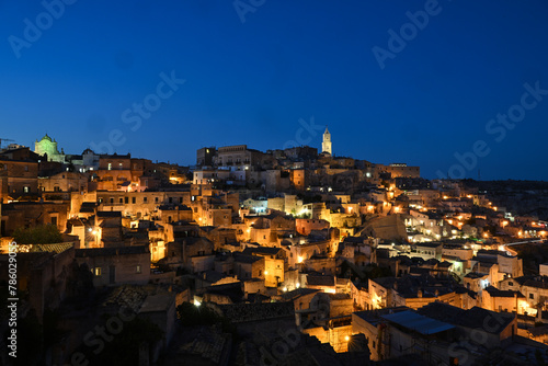 Matera Italy view of ancient village of Matera Sasso Barisano at dusk