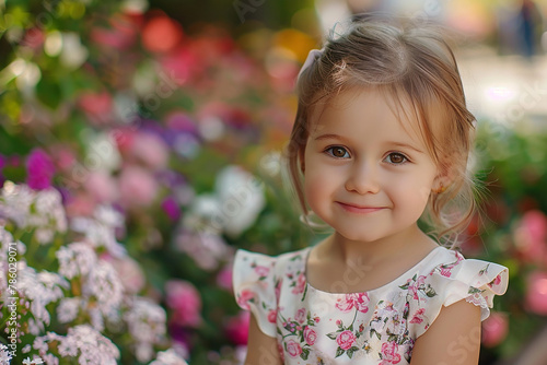 Generative AI Image of Beautiful Russian Little Girl Smiling in Colorful Flower Park