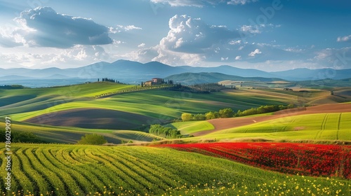 A picturesque landscape showcasing a patchwork of vibrant farmlands in full bloom, set against a backdrop of rolling mountains and a dynamic sky.