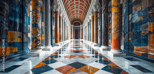 A long, narrow hallway with marble pillars and a marble floor