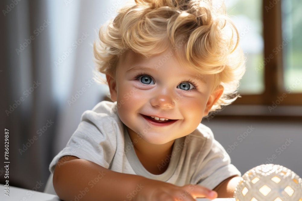 A baby with blue eyes is smiling and laying on a blanket A baby with blue eyes is smiling and laying on a blanket