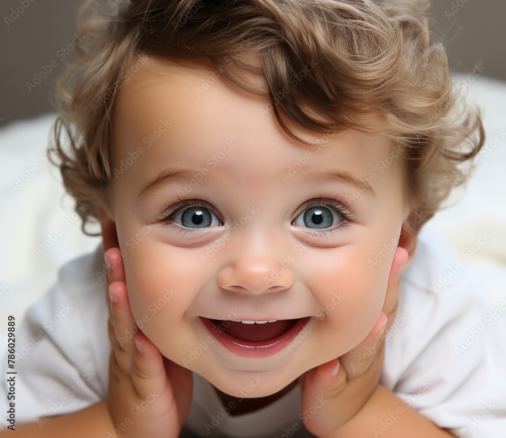 A baby with blue eyes is smiling and laying on a blanket A baby with blue eyes is smiling and laying on a blanket
