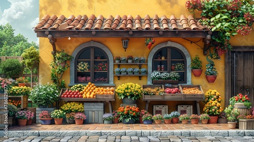 Cartoon 3D village market scene, stalls with fruits, flowers, lively yellow background photo